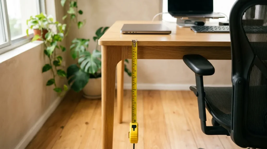 Fita métrica amarela esticada do piso até o tampo de uma mesa de madeira de home office, ao lado de uma cadeira ergonômica