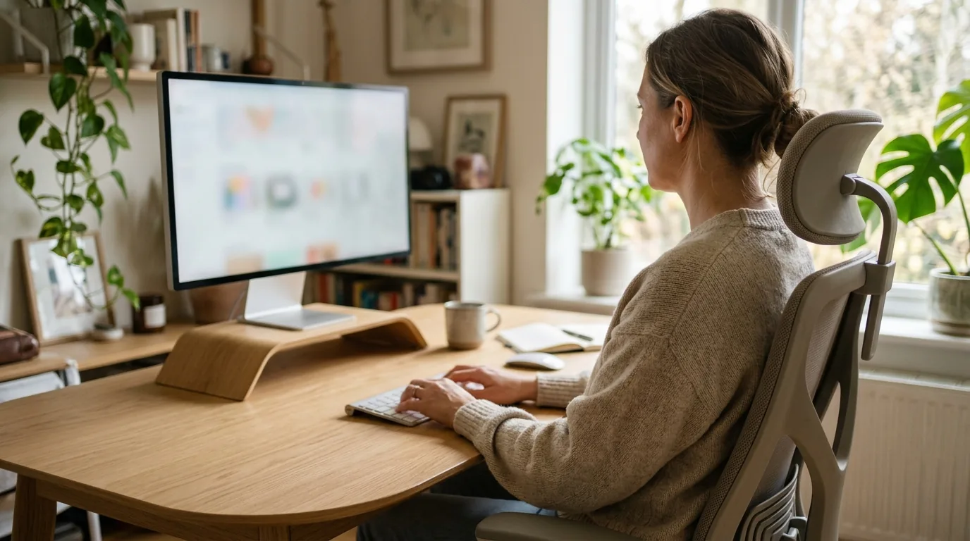 Mulher sentada em cadeira ergonômica digitando com os antebraços paralelos à mesa e o monitor na altura dos olhos
