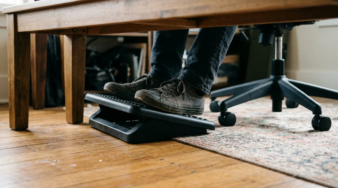 Pés apoiados num apoio inclinado preto embaixo de uma mesa de jantar usada como mesa de trabalho