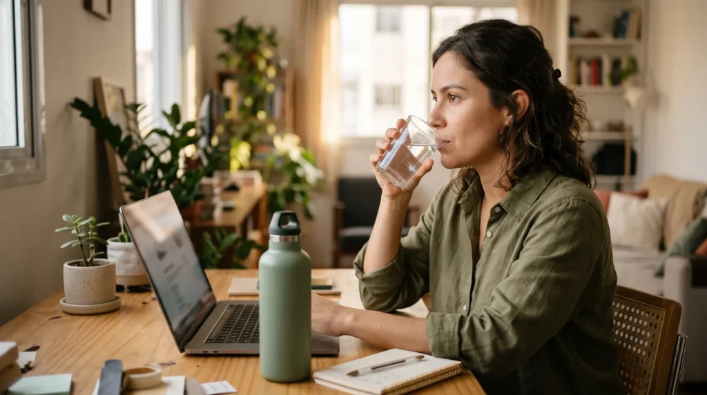 Mulher bebendo um copo de água na mesa do home office com garrafa reutilizável ao lado do notebook, hábito de beber mais água trabalhando em casa