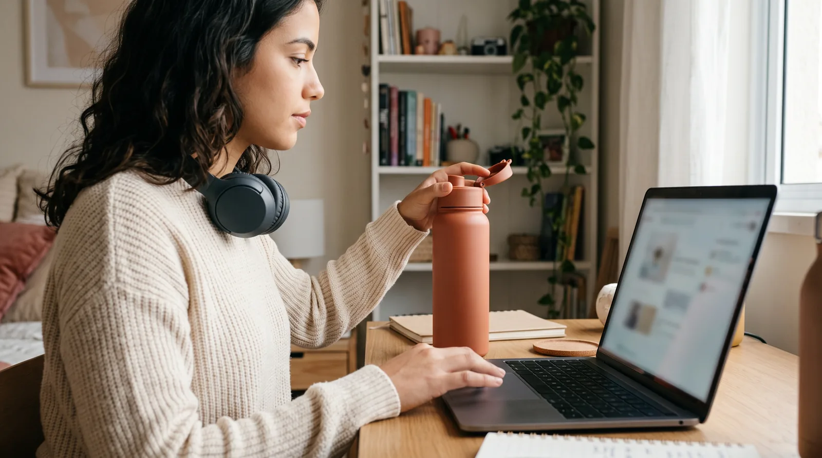 Jovem abrindo com uma só mão a tampa da garrafa de água enquanto usa o notebook na mesa de trabalho em casa