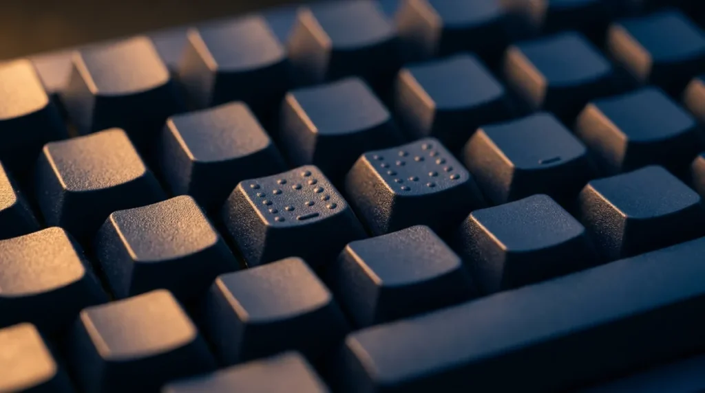 Close de um teclado escuro com duas teclas que têm marcas em relevo