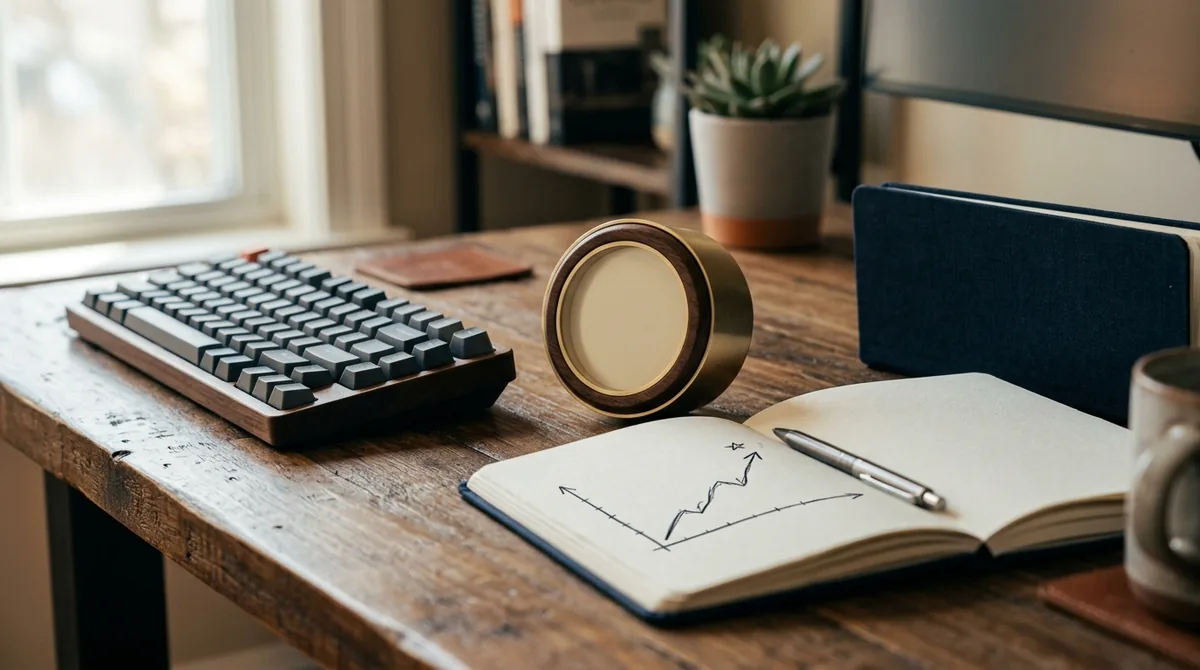 Cronômetro de mesa ao lado de um teclado e de um caderno com um gráfico em alta