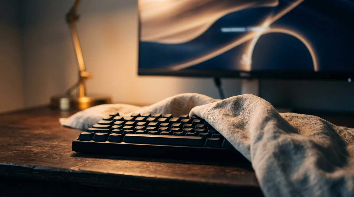 Teclado parcialmente coberto por um pano de linho em frente a um monitor