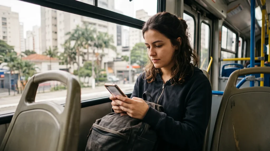 Jovem sentada no ônibus editando no smartphone um documento de uma página, aprendendo a fazer currículo pelo celular
