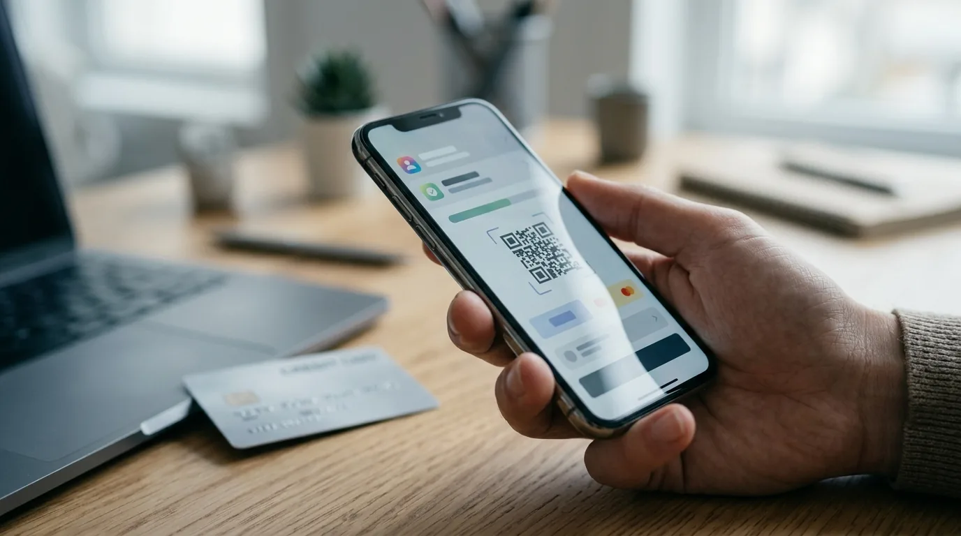 Mão segurando um celular com tela de pagamento por QR code ao lado de um cartão e um notebook