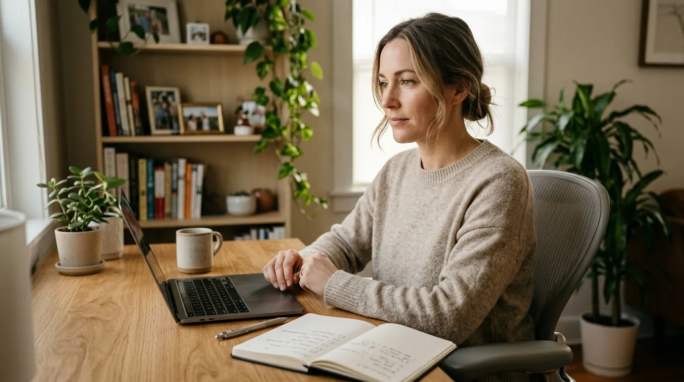 Mulher atenta diante do notebook em um home office organizado, com caderno de anotações sobre a mesa