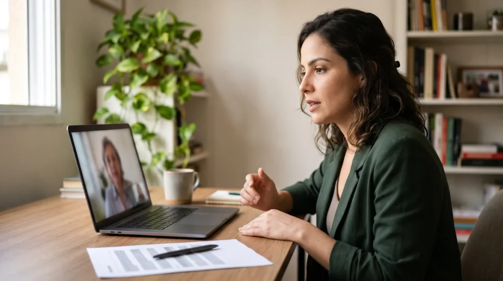 Mulher em home office conversando por chamada de vídeo com a gestora sobre como pedir demissão, com a carta impressa sobre a mesa