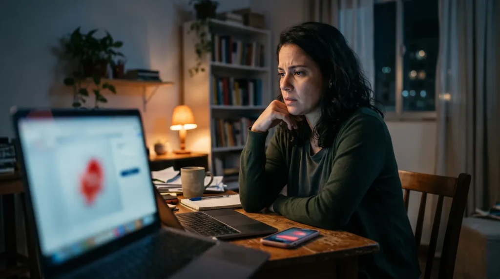 Mulher preocupada olhando o notebook à noite com alerta vermelho no celular, desconfiando que o email foi hackeado