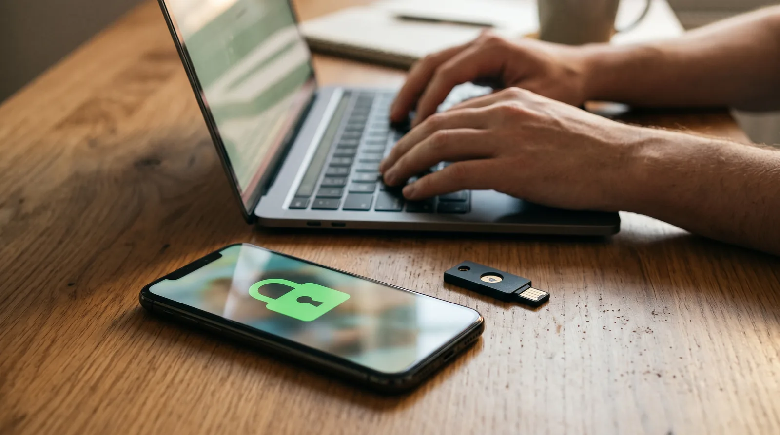 Celular com cadeado verde ao lado de chave de segurança USB enquanto a pessoa troca a senha no notebook depois da invasão