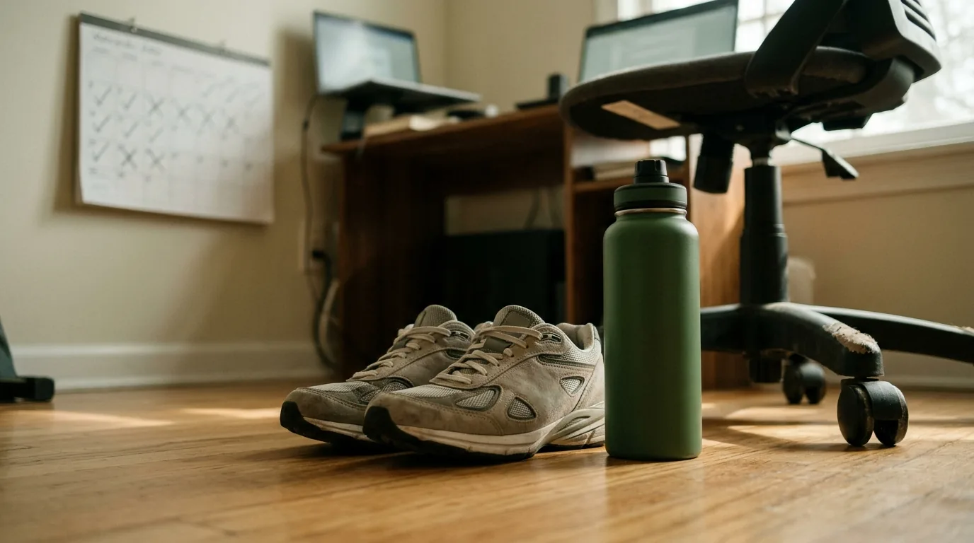Tênis de corrida e garrafa de água no chão ao lado da cadeira de escritório em casa, preparação para caminhada