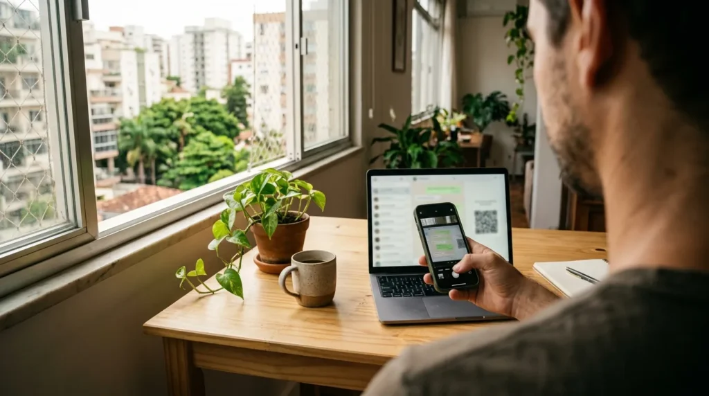 Homem em home office aponta o celular para o QR code na tela do notebook para conectar o WhatsApp Web