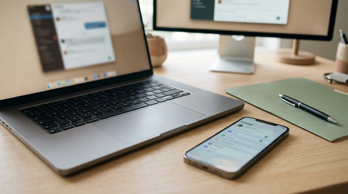 Notebook e celular sobre mesa de escritório em casa com o chat aberto no navegador ao fundo