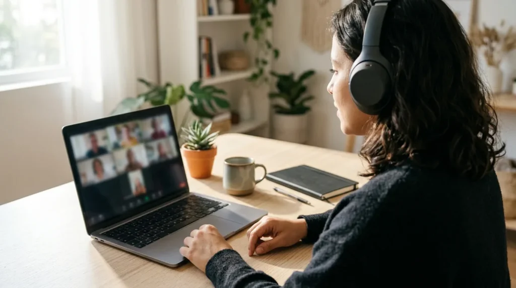 Mulher com fone de ouvido participando de uma reunião no Zoom pelo notebook em uma mesa de home office
