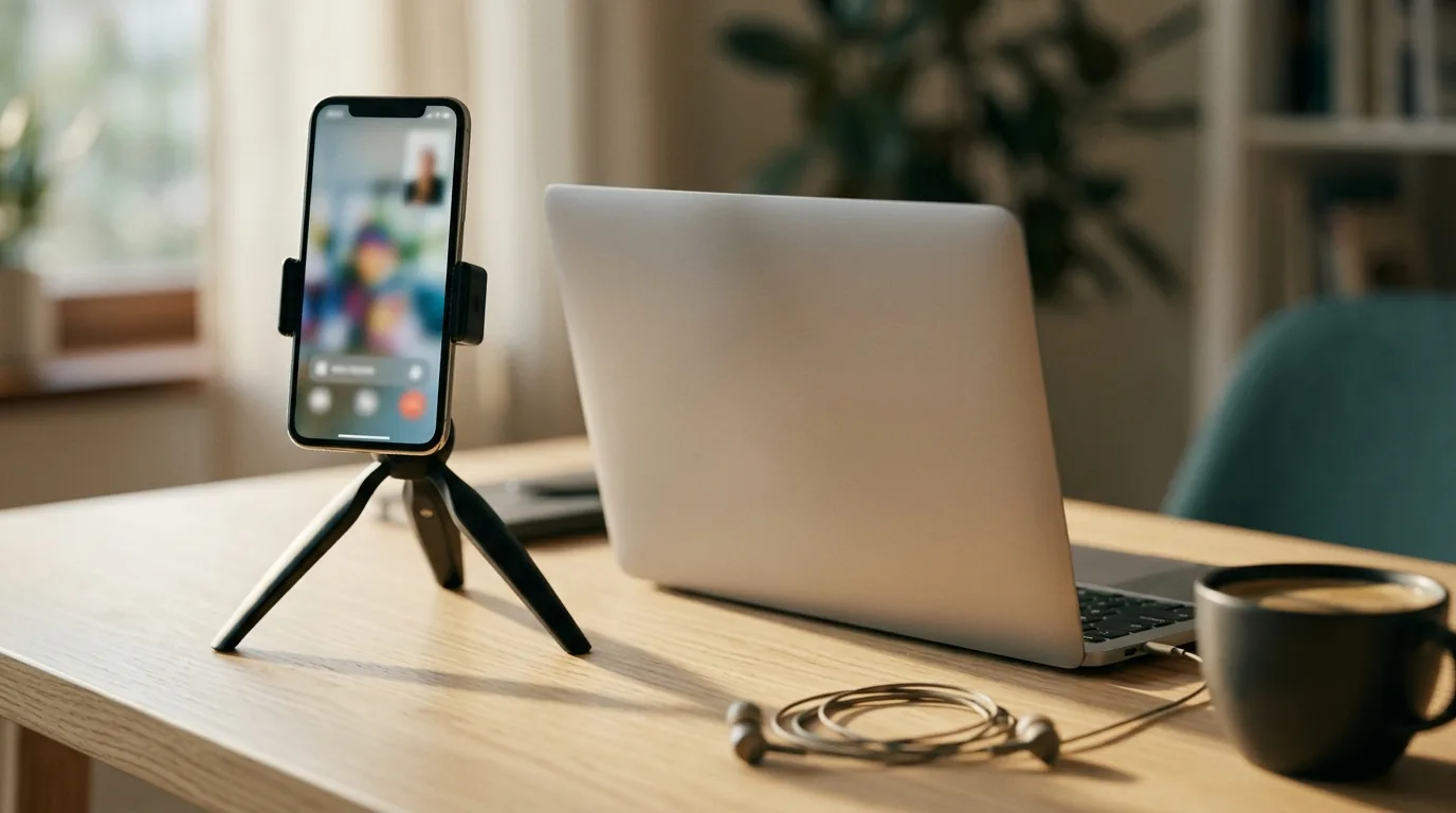 Celular preso em um mini tripé ao lado do notebook mostrando uma chamada de vídeo em andamento