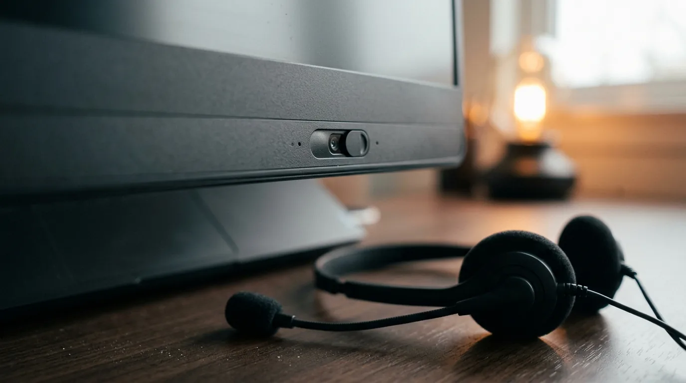 Webcam de notebook com tampa de privacidade e headset com microfone sobre a mesa de trabalho