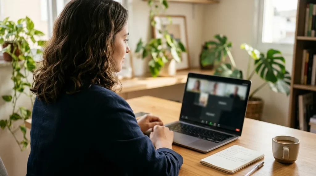 Mulher em entrevista de emprego online no home office respondendo fale sobre você diante do notebook