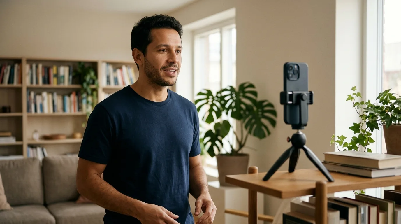 Homem ensaiando a resposta fale sobre você em voz alta diante do celular apoiado em um tripé na sala