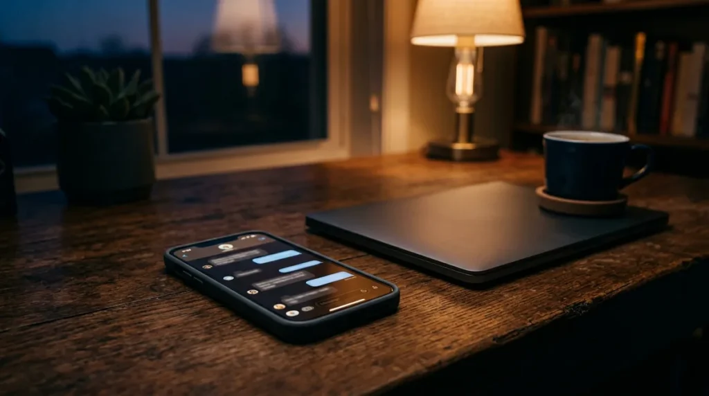 Celular sobre a mesa de casa com conversa de aplicativo de mensagens aberta ao anoitecer