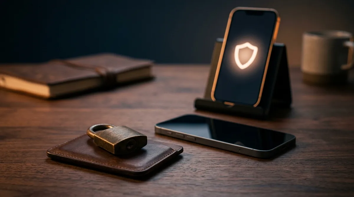 Cadeado de latão sobre um porta-cartões de couro ao lado de um celular