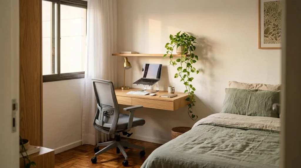 Home office no quarto com mesa suspensa de madeira na parede, cadeira ergonômica cinza e cama de casal em primeiro plano