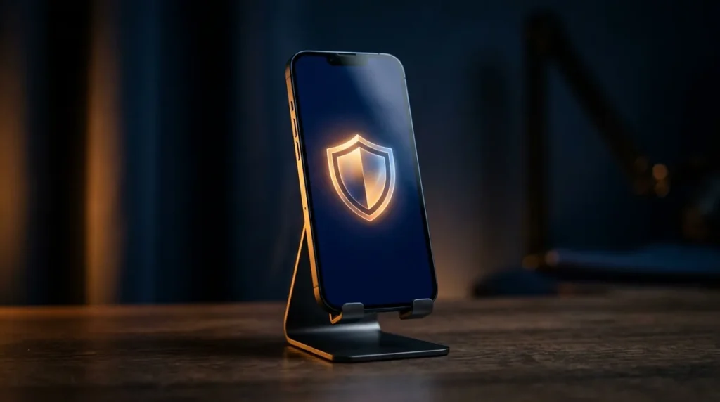 Celular em pé em um suporte com um símbolo de escudo iluminado na tela