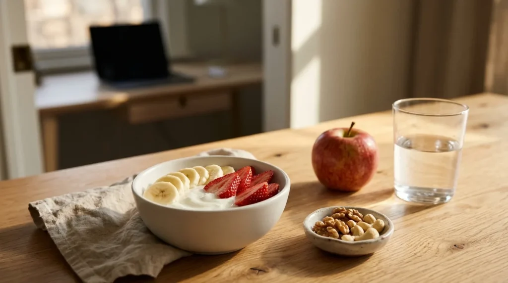 Lanche da tarde saudável na mesa de casa com iogurte natural, banana, morango, maçã, castanhas e um copo de água