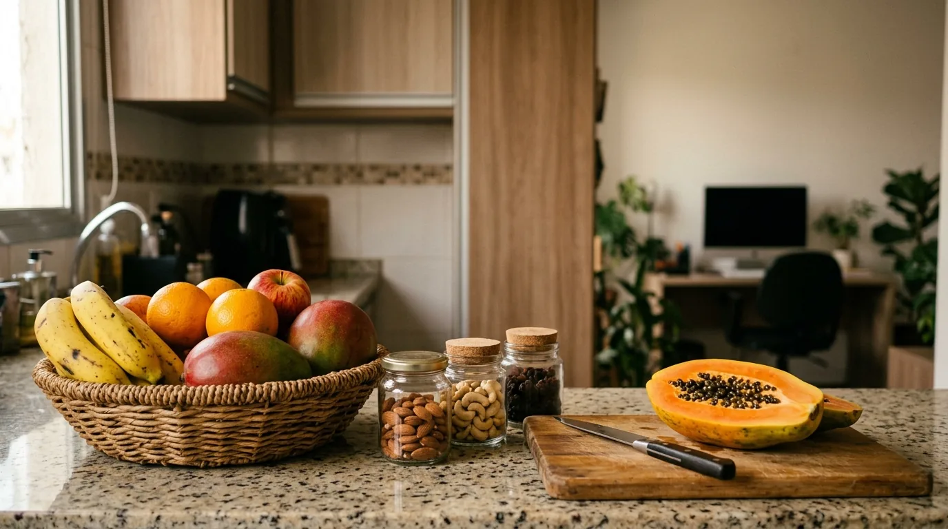 Fruteira com banana, laranja e manga ao lado de potes de castanhas e uvas-passas na bancada da cozinha