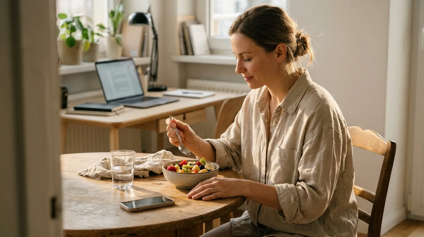 Mulher sentada à mesa da cozinha comendo salada de frutas na pausa da tarde, com o notebook de trabalho ao fundo
