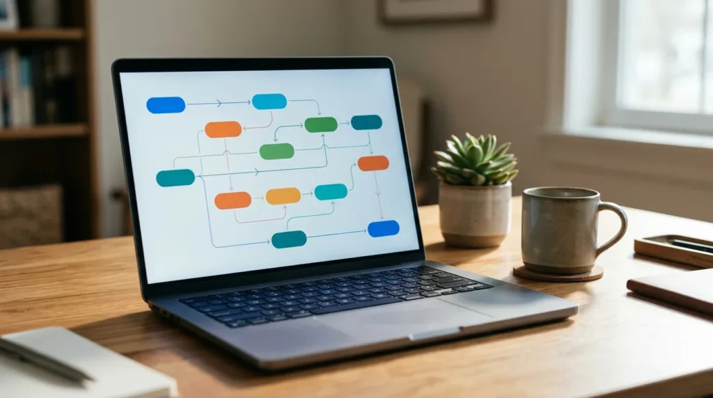 Notebook aberto em mesa de home office com um diagrama de fluxo colorido na tela, ilustrando o que é Power Automate