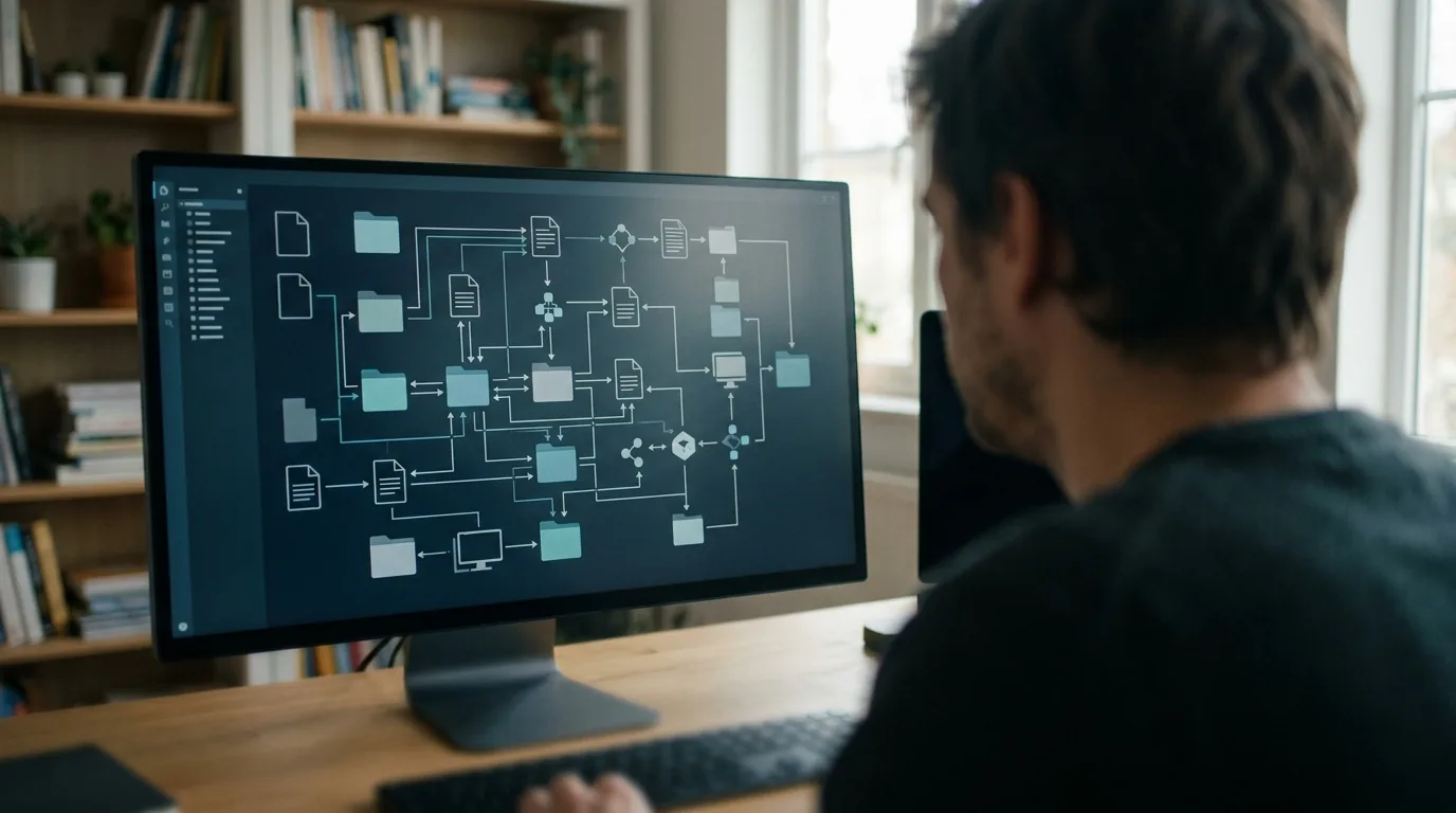 Pessoa de costas diante de um monitor com pastas e arquivos ligados por setas, representando os tipos de fluxo de automação
