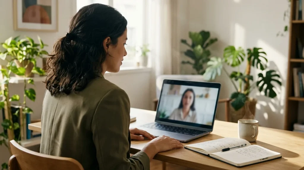 Candidata em home office numa entrevista de emprego por vídeo no notebook, com caderno de anotações sobre pontos fortes e fracos na mesa