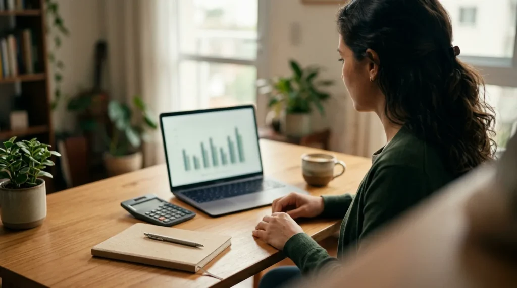 Mulher sentada à mesa de home office com notebook, calculadora e caderno, preparando a pretensão salarial antes da entrevista