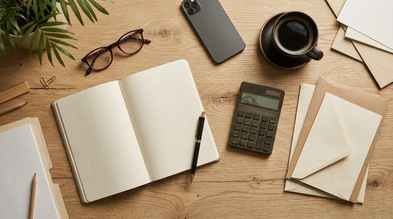 Mesa vista de cima com caderno aberto em branco, caneta, calculadora, envelopes e café para planejar a faixa salarial