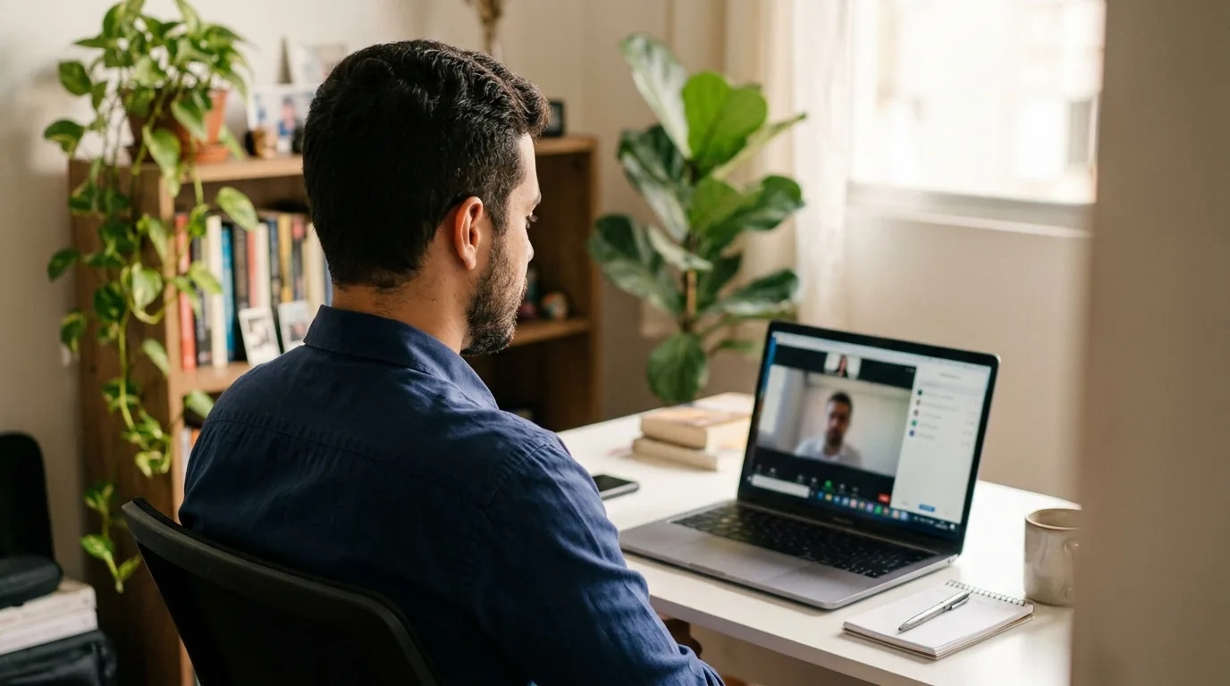 Homem em entrevista de emprego por videochamada no notebook, em home office com estante de livros e plantas