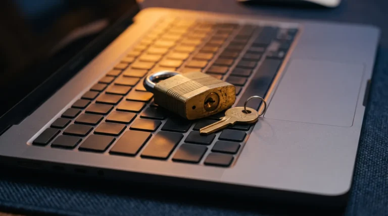 Cadeado de latão com chave sobre o teclado de um notebook