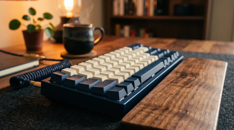 Teclado mecânico azul e creme sobre mesa de madeira, com caneca e planta ao fundo