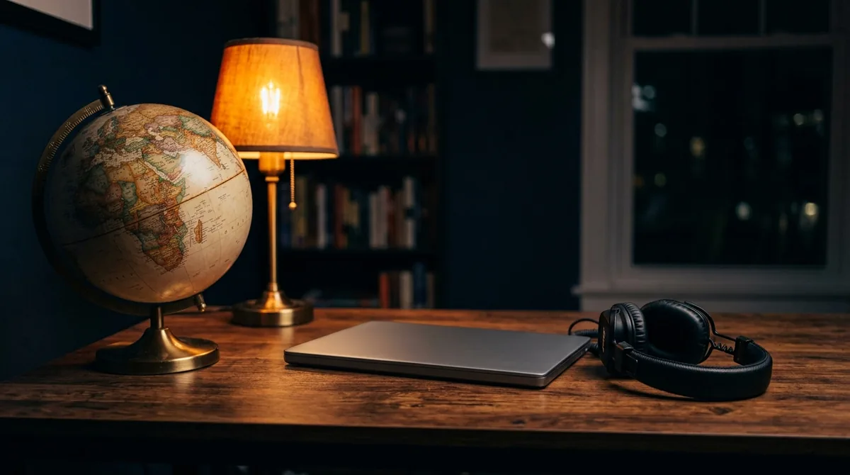 Globo de mesa ao lado de um notebook fechado e de fones de ouvido sob a luz de um abajur