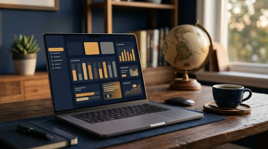 Notebook com painel de gráficos na tela, globo de mesa e xícara de café em um home office