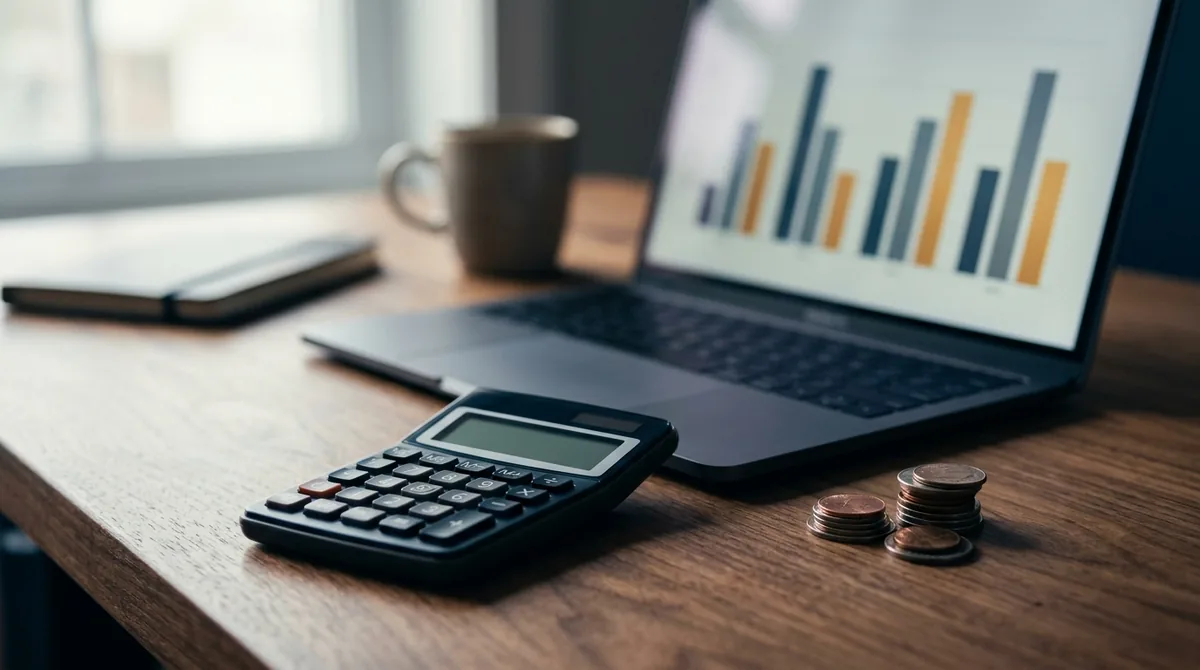 Calculadora e moedas ao lado de um notebook com gráfico de barras