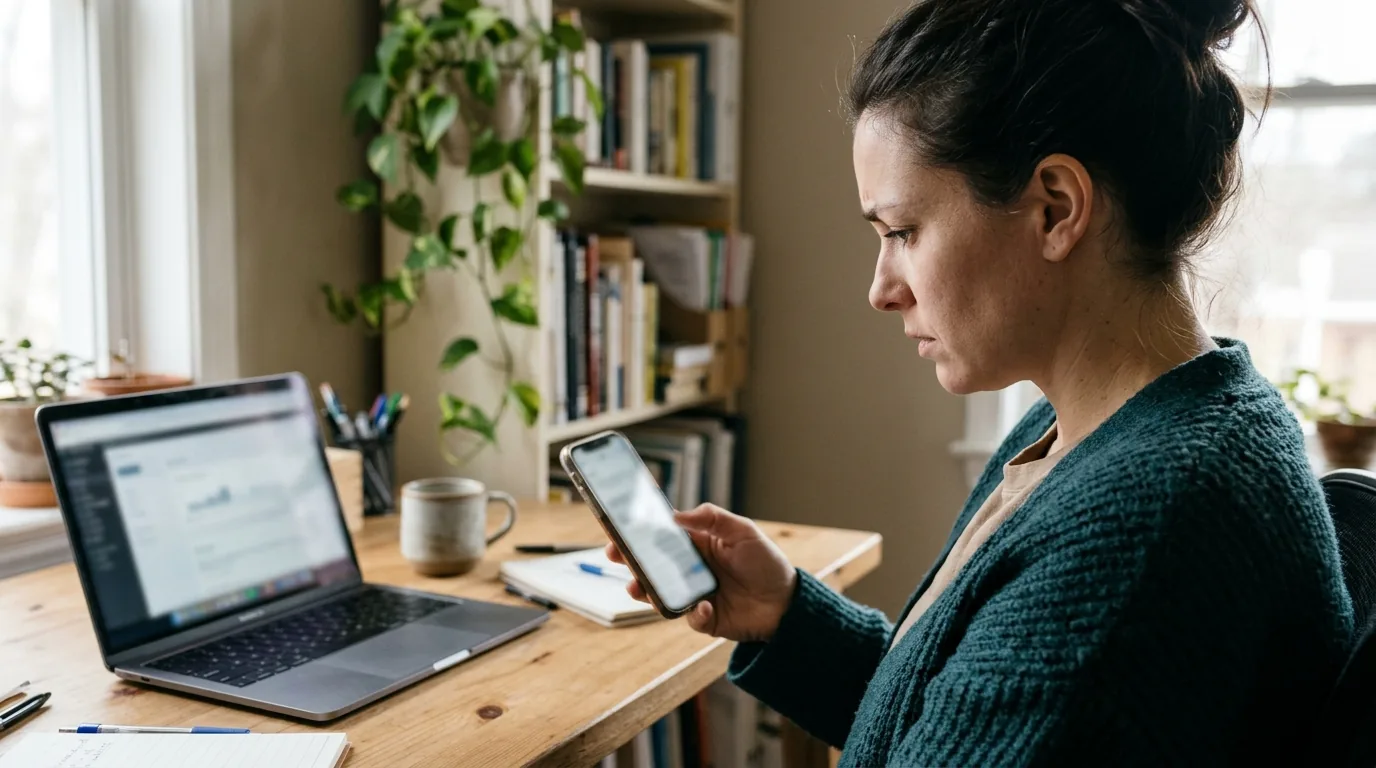 Mulher no home office olhando o celular com expressão preocupada ao perceber sinais de que o WhatsApp foi clonado
