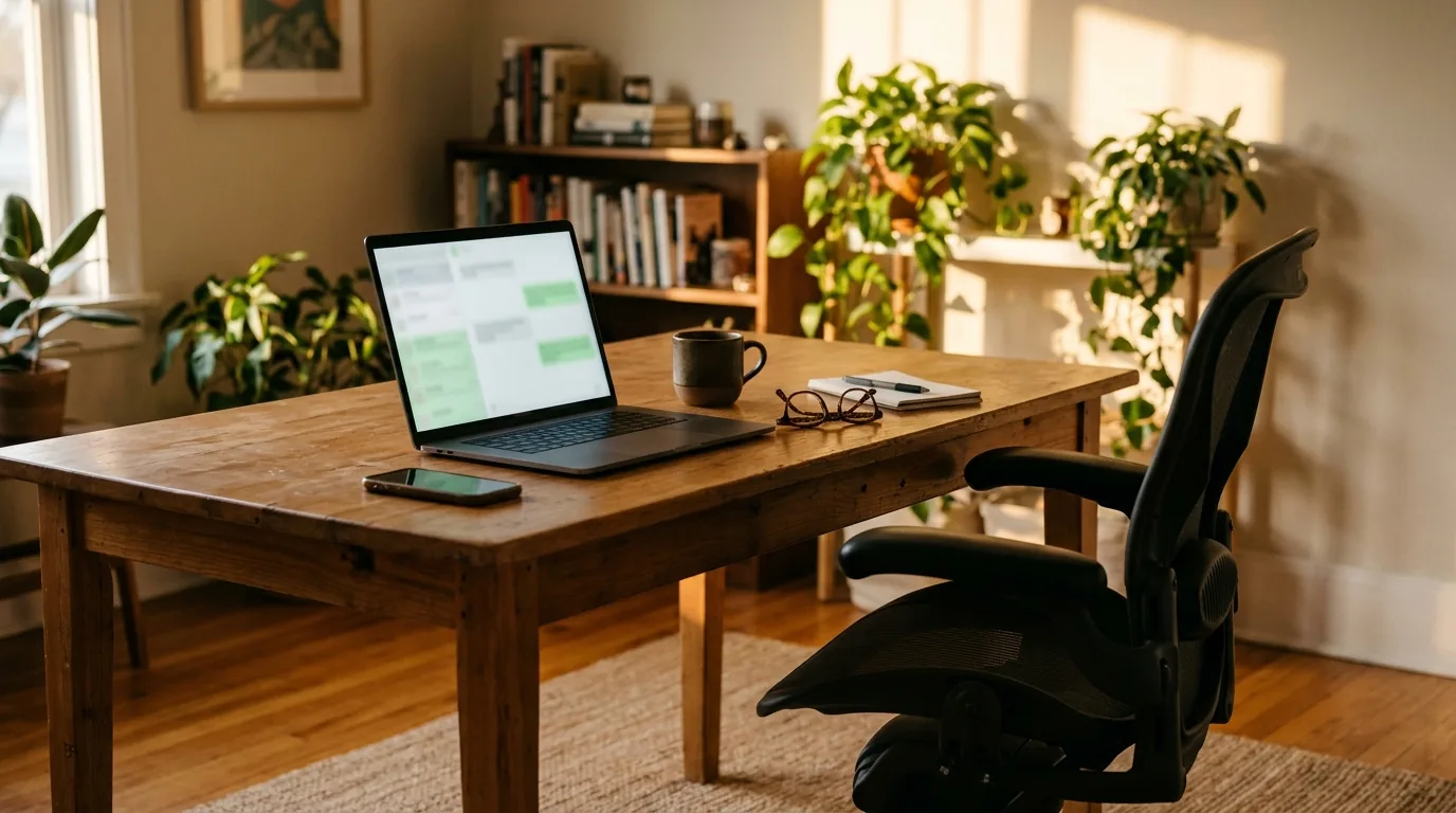 Notebook aberto com aplicativo de mensagens na tela e cadeira vazia, sessão vinculada que dá acesso às conversas do WhatsApp